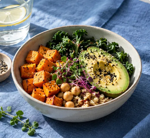 Bowl of roasted sweet potato, greens and avocado